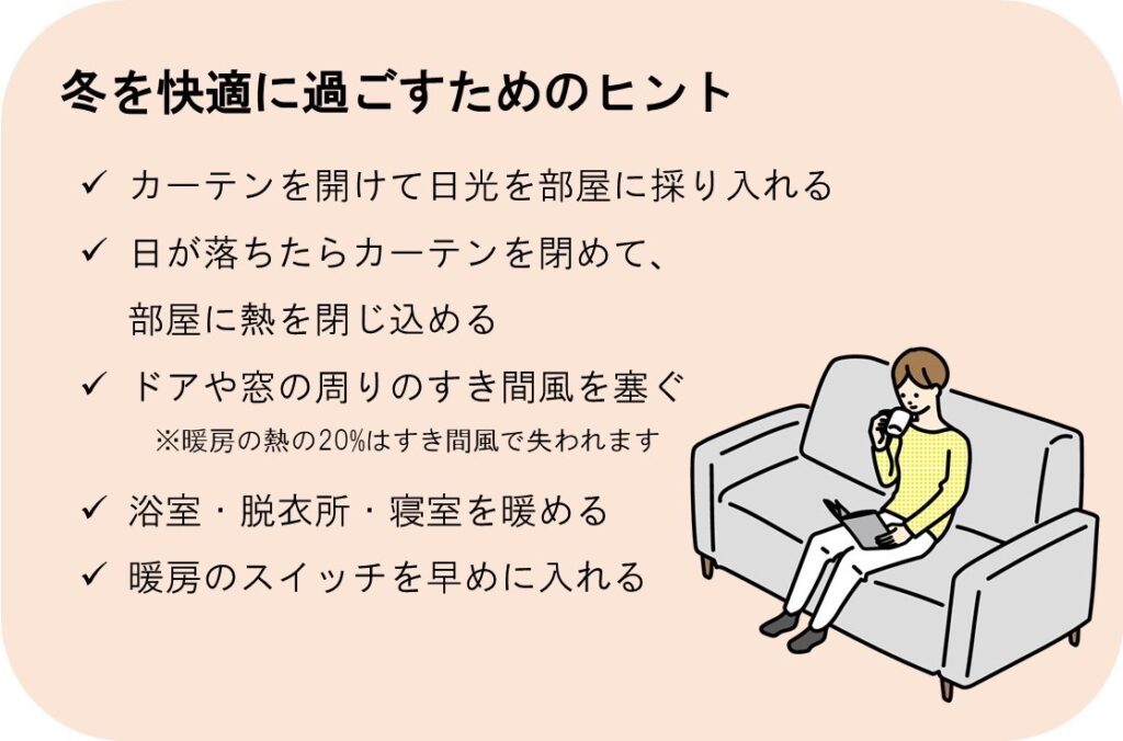 冬を快適に過ごすためのヒントとして、5つの例をご紹介します。 カーテンを開けて日光を部屋に採り入れる。日が落ちたらカーテンを閉めて、部屋に熱を閉じ込める。ドアや窓の周りのすきま風をふさぐ。浴室、脱衣所、寝室を暖める。暖房のスイッチを早めに入れる。