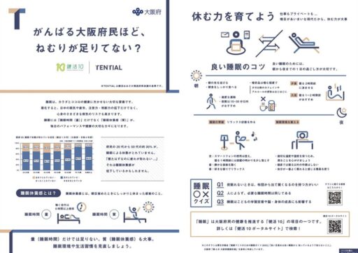 睡眠啓発チラシ「がんばる⼤阪府⺠ほど、ねむりが⾜りてない？」チラシのイメージ